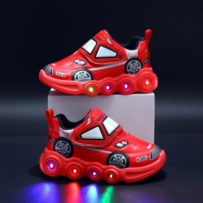 2024 Autumn New Boys LED Light Shoes Cartoon Car Children\'s Sports Shoes 1-6 Year Old Kids Luminescent Running Shoes