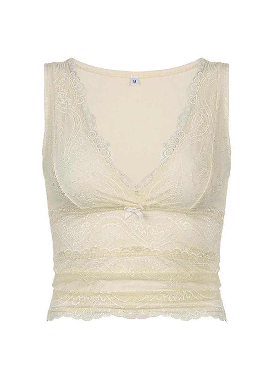 Camisetas sin mangas con encaje para mujer, ropa Vintage Y2k Cutecore con lazo, cuello en V, ajustado, ombligo, Color sólido, 2000s