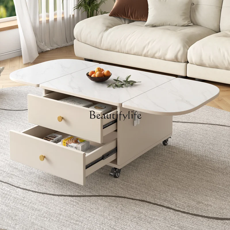 

08Folding multifunctional side few living room modern light luxury small dining table cream wind mobile tea table