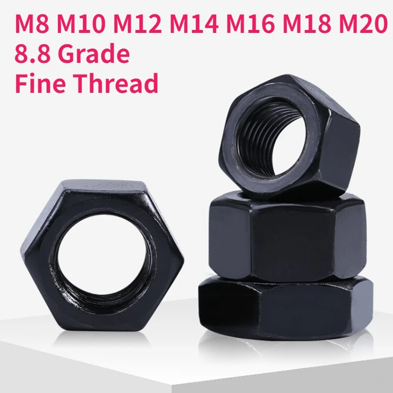 M8 M10 M12 M14 - M20 Black 8.8 Grade Carbon Steel Fine Thread Hexagon Nuts Flat Hex Wafer Low Thin Jam Nut Pitch 1.0/1.25/1.5mm