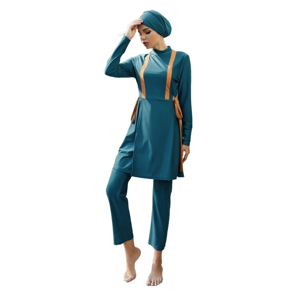 Blue Modest Swimming Suit Burkini Muslim Swimwear Hijab for Women Arabic Turkey Pakistani Islamic Swim Wear With Orange Straps