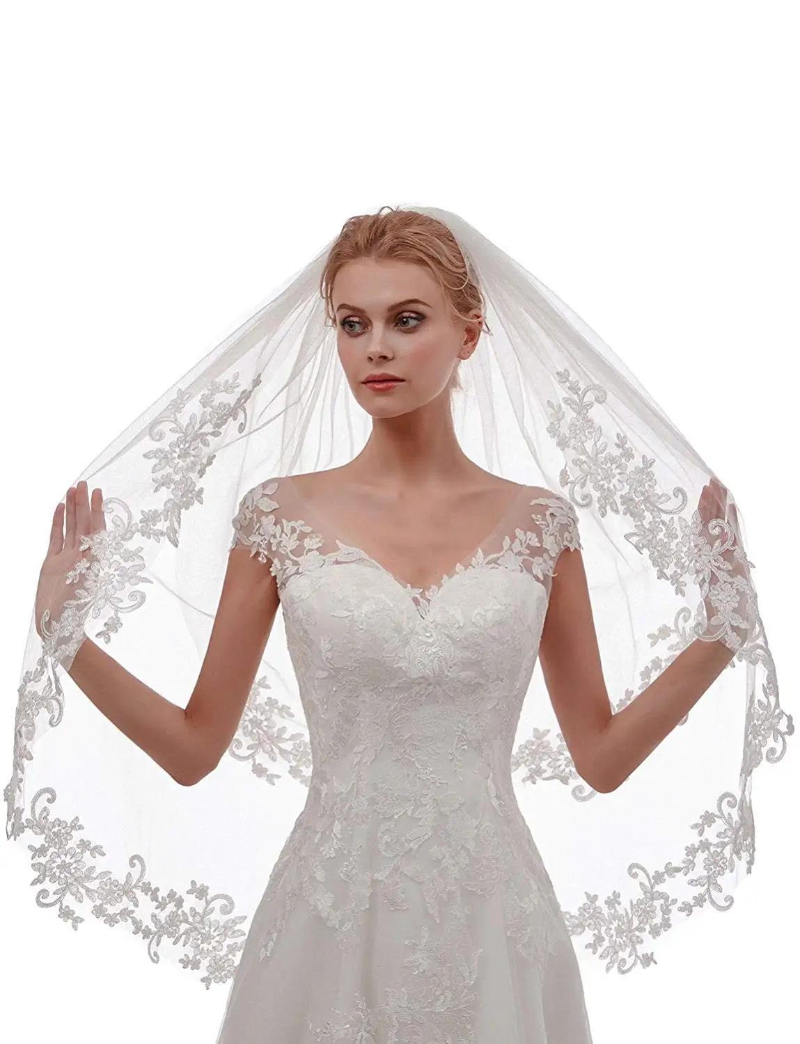 Elegant Ivory Short Bridal Veil with Floral Lace, 2-Tier Fingertip Length Wedding Veil with Hair Comb