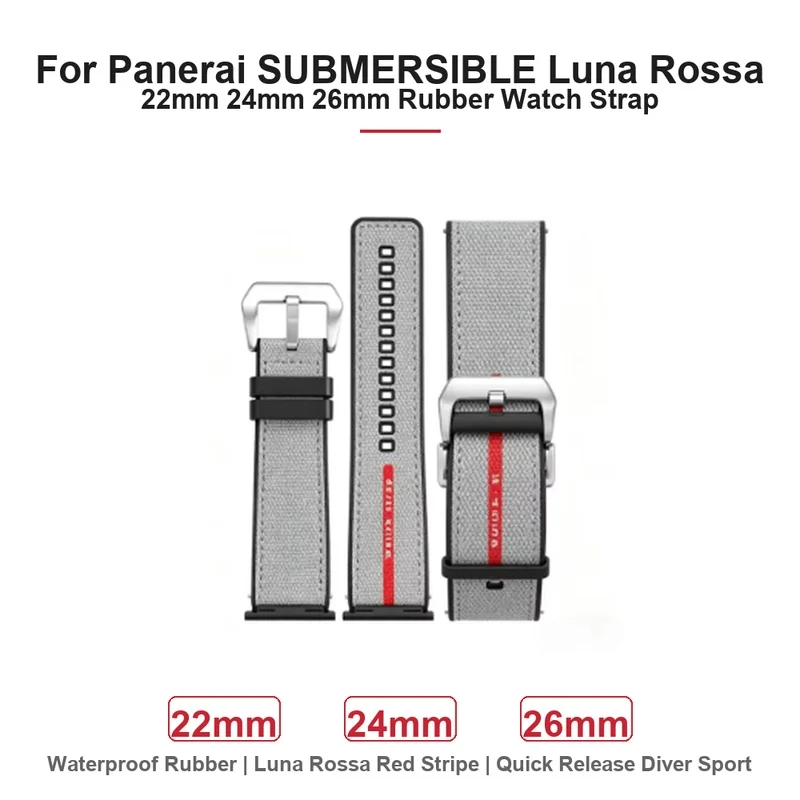 For Panerai SUBMERSIBLE Luna Rossa 22mm 24mm 26mm Rubber Watch Strap Waterproof Replacement Band Black Red Stripe Diver Sport