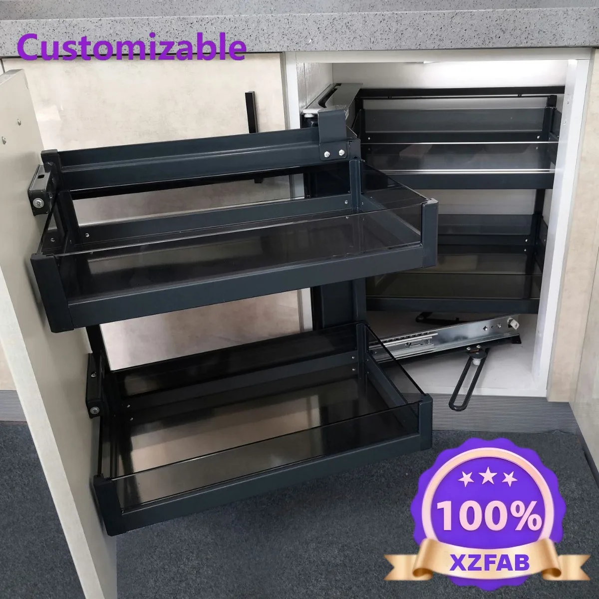 Factory Direct 2026 Linkage Little Monster Corner Pull Basket Base Cabinet Storage Cabinet Corner Solution Drawer Type Damping S