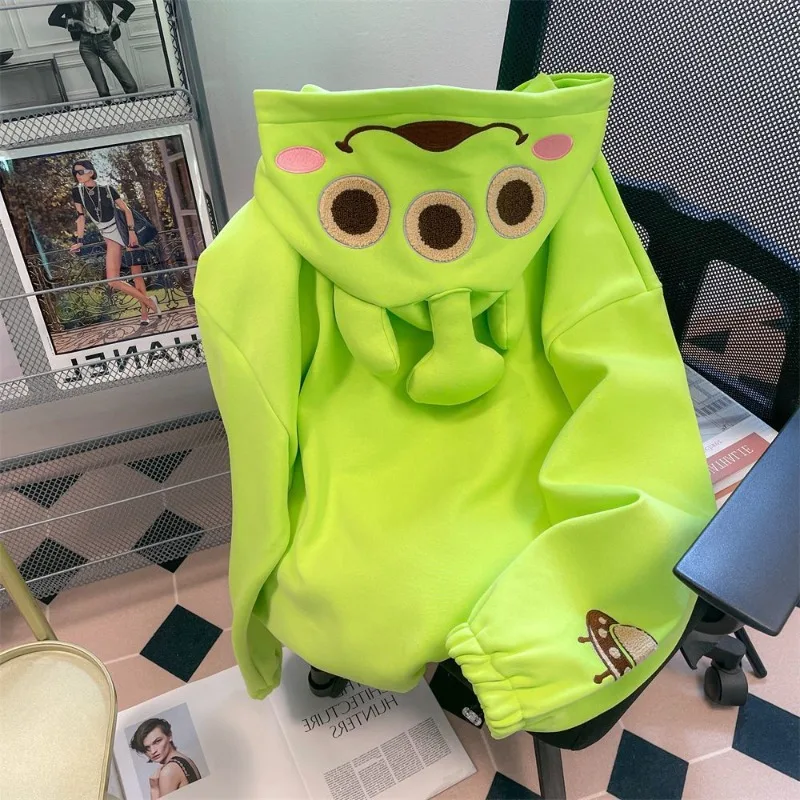 

Winter Kawaii Alien Embroidery Thick Hoodie Anime Cartoon Character Accessories Zipper Cardigan Hooded Warm Coat Clothing