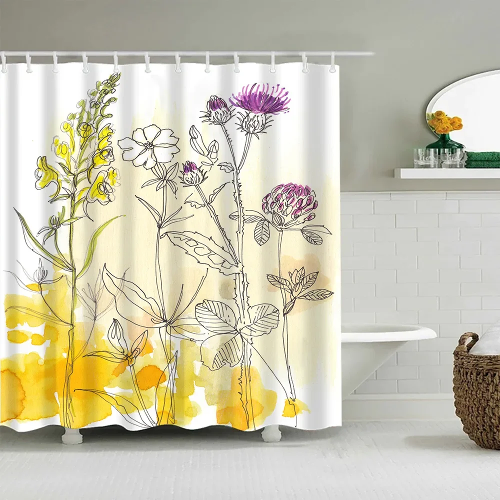 Pastoral Style Floral Halo Dyeing Shower Curtains Home Bathroom Decoration Dry and Wet Separation Hanging Curtains Hook Curtains