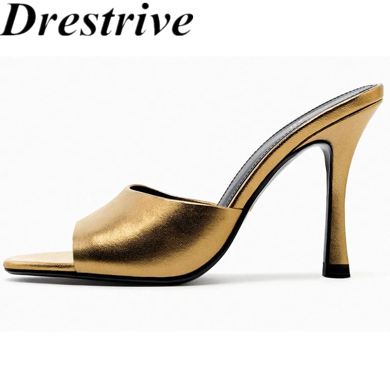 Drestrive 2023 Classic Women Sandals Round Peep Toe Thin High Heel Pu Leather Summer Shoes Sexy Slipper Big Size 43