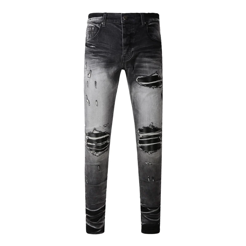 Fashionable new blue men's jeans, washed, nostalgic, elastic, slim fit, perforated patch, jeans, high street designer, high-qual