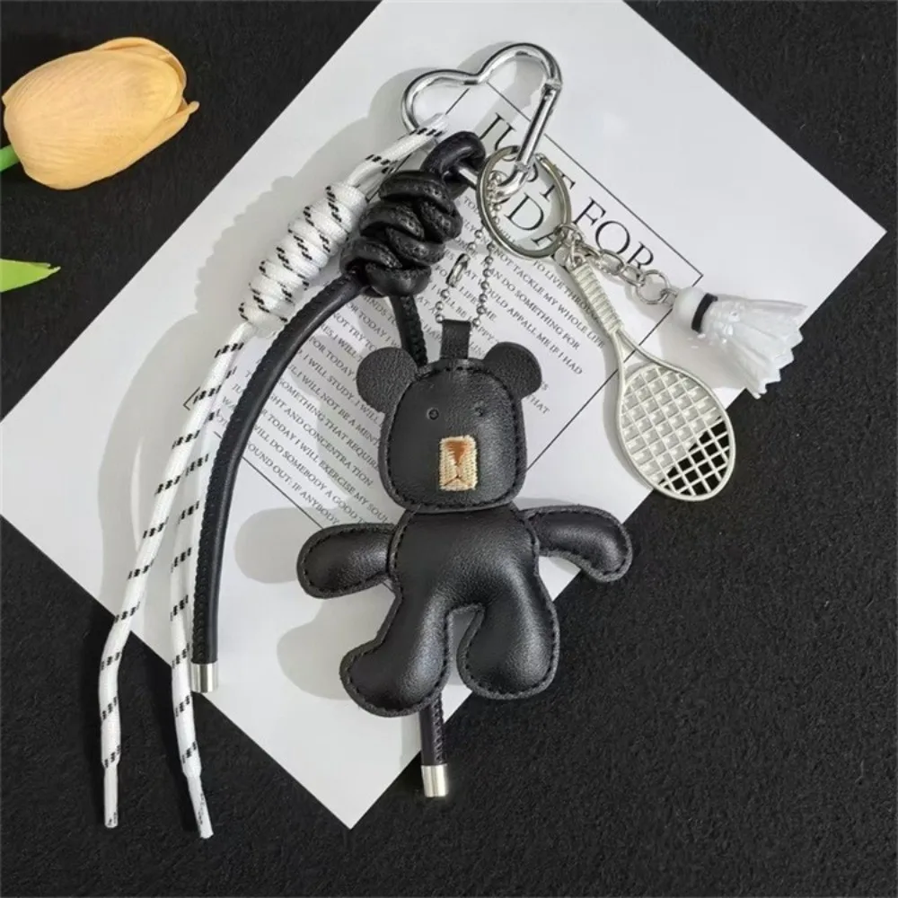 Creative Cartoon Bear Racket Keychain Woven Rope Good Luck Leather Bag Pendant Ins Keyring Little Bear Bag Hanging Friendship