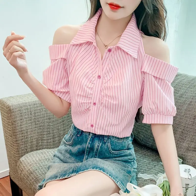 Minimalist Korean Summer Doll Collar Strapless Women\'s Striped Shirring Fashion Versatile Short Sleeve Loose Single Breasted Top