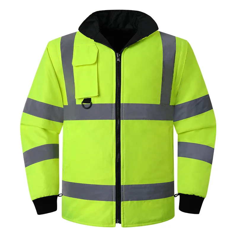 High Visibility ANSI Navy Bottom Hi Vis Safety Reflective Thermal Bomber Jacket with Detachable Thickened Cotton Linner
