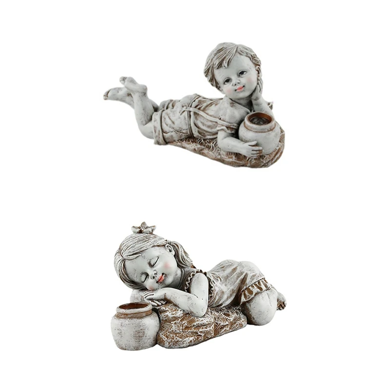 

A27R-Kid With Solar Lights Garden Decoration Outdoor Statue Resin Jar Flowerbed Yard Sculpture Decor