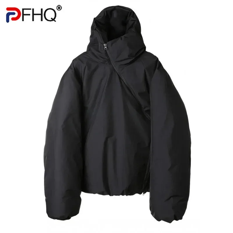 PFHQ Hooded Cotton Men Padded Jacket With Hat Irregular Zipper Design Solid Color Darkwear Male Tops High Street 21Z7059