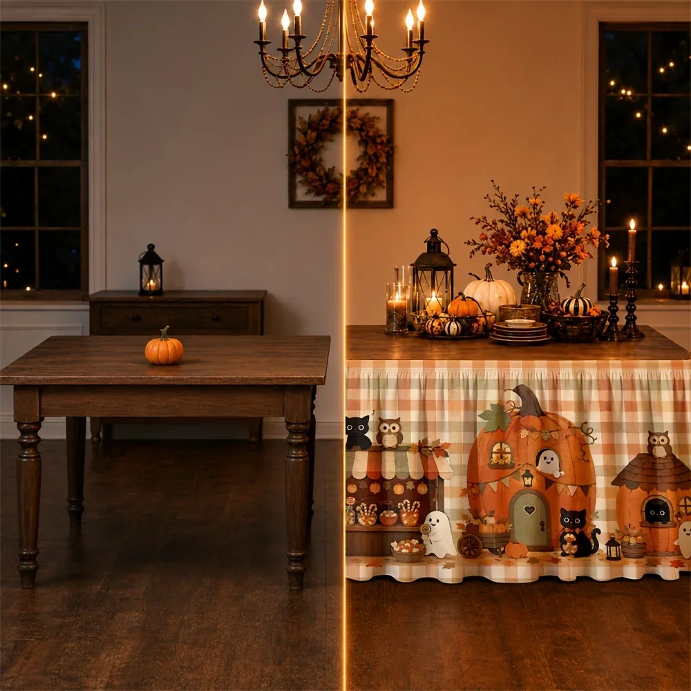 Table skirt / tableskirt, Pumpkin House, Owl, Ghost, Halloween theme, Warm hand-painted style, yzb