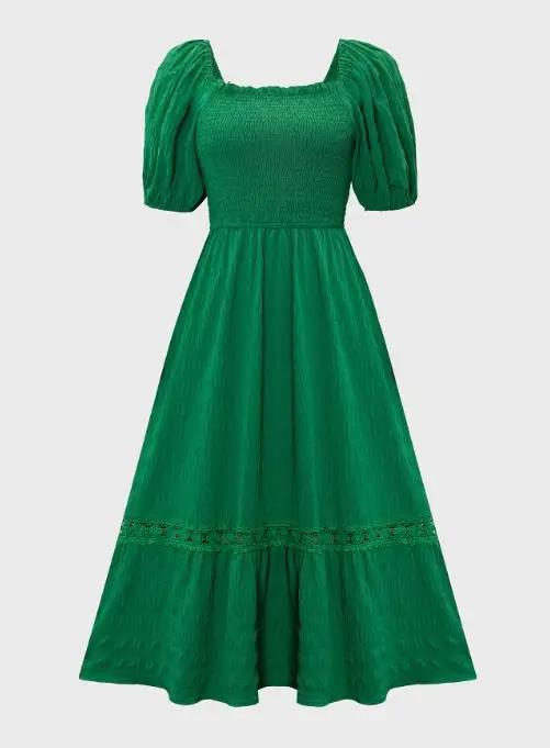 Vestido midi con mangas abullonadas y cuello cuadrado para mujer, corpiño fruncido con encaje, detalle de ribete, diseño de manga abullonada, vestido elegante e informal
