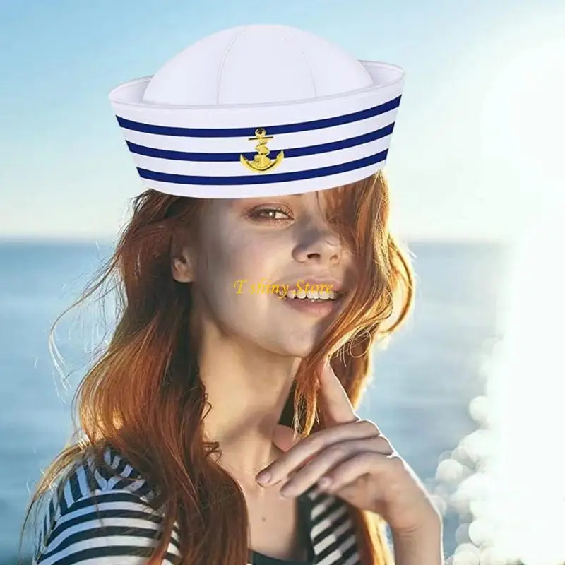 N58F Cosplay Sailor Hat with White&Blue Stripe Decors Captain Marine Hat for Woman Men Funny Cosplay Hat Accessories