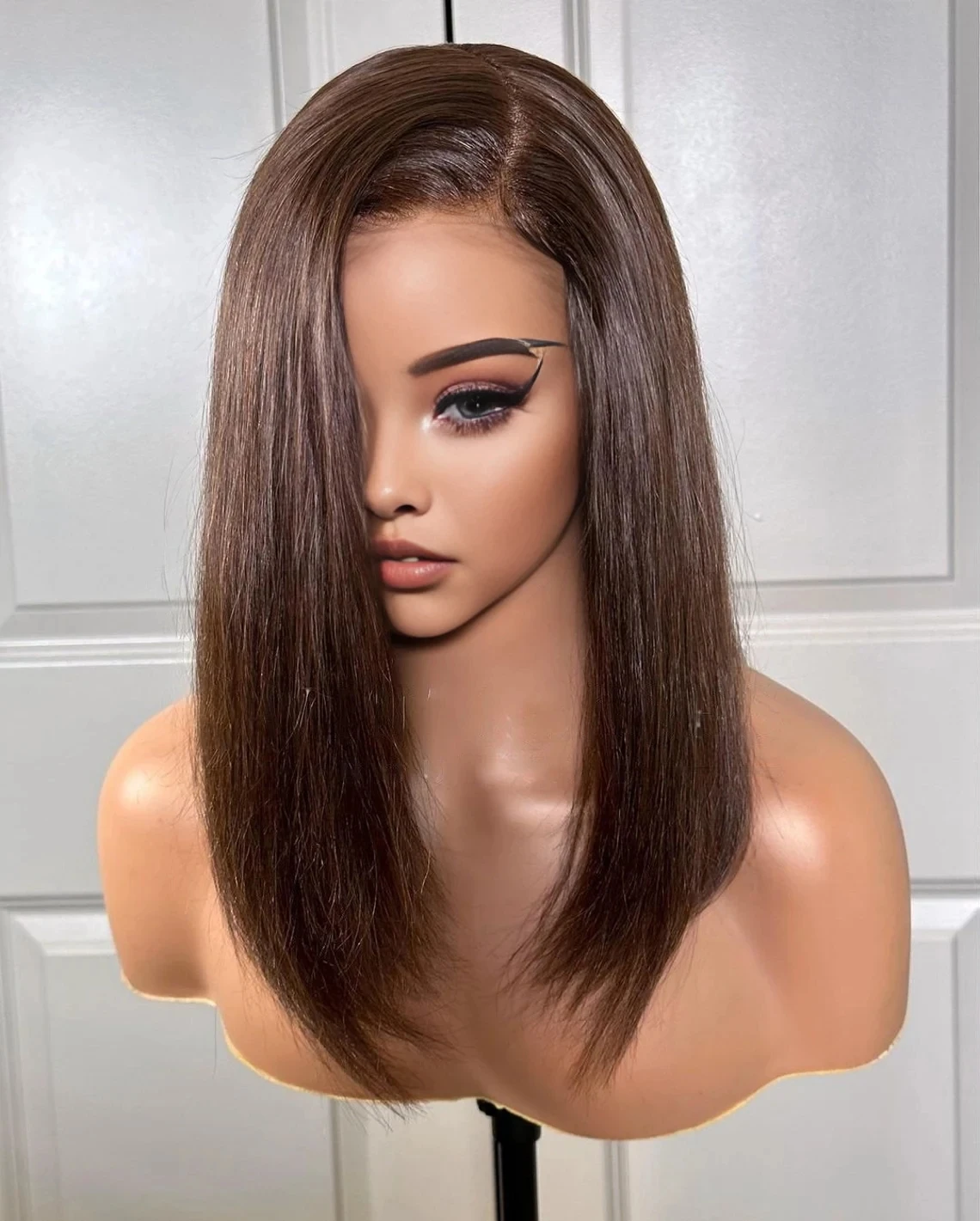 Natural Hairline Soft Brown Preplucked Short Bob 14Inch 180Density Straight Lace Front Wig For Women Synthetic Glueless Daily