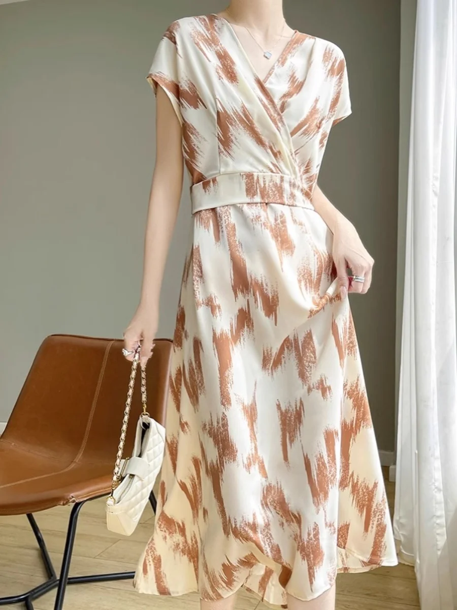 Zomer 2024 Ele V-Ne Zijde Satijn ort Sve Losse Afslankende Lange Dr Dames Dr met Riem Vloeiende Rok