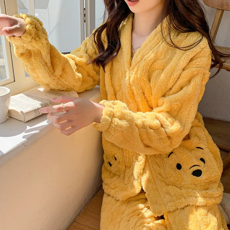 Disney Pooh Bear Pyjama Set Meisjes Winter Dikke Cartoon Winnie Pooh Nachtkleding Huiskleding Fleece Comfortabele nachtkleding