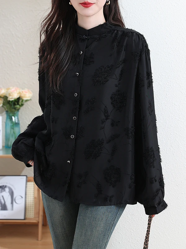 

Ele Bla Long Sve Вышитый воротник-стойка irt Женский весенне-осенний утягивающий винтажный топ на пуговицах