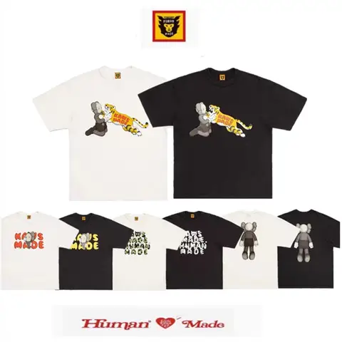 Human Made 25SS KAWS MADE Tiger Letter T-Shirt, Slub Cotton Tee for Unisex