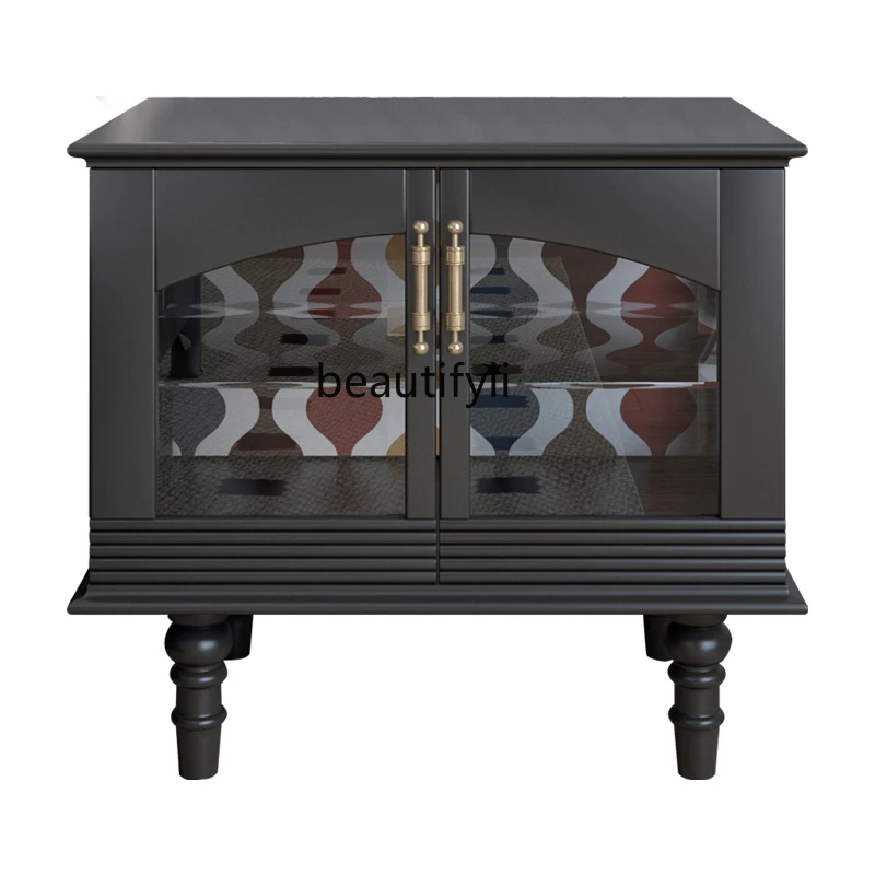 

French Retro Black Bedside Table Bedroom Solid Wood Bedside Cabinet Storage Cabinet Bedside Locker