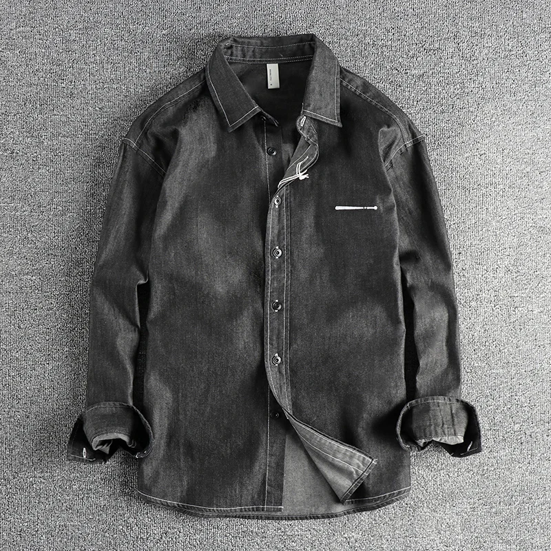 

2023 весна и осень, новая американская ретро вышитая мужская джинсовая рубашка с длинными рукавами и лацканами, простые модные потертые повседневные блузки