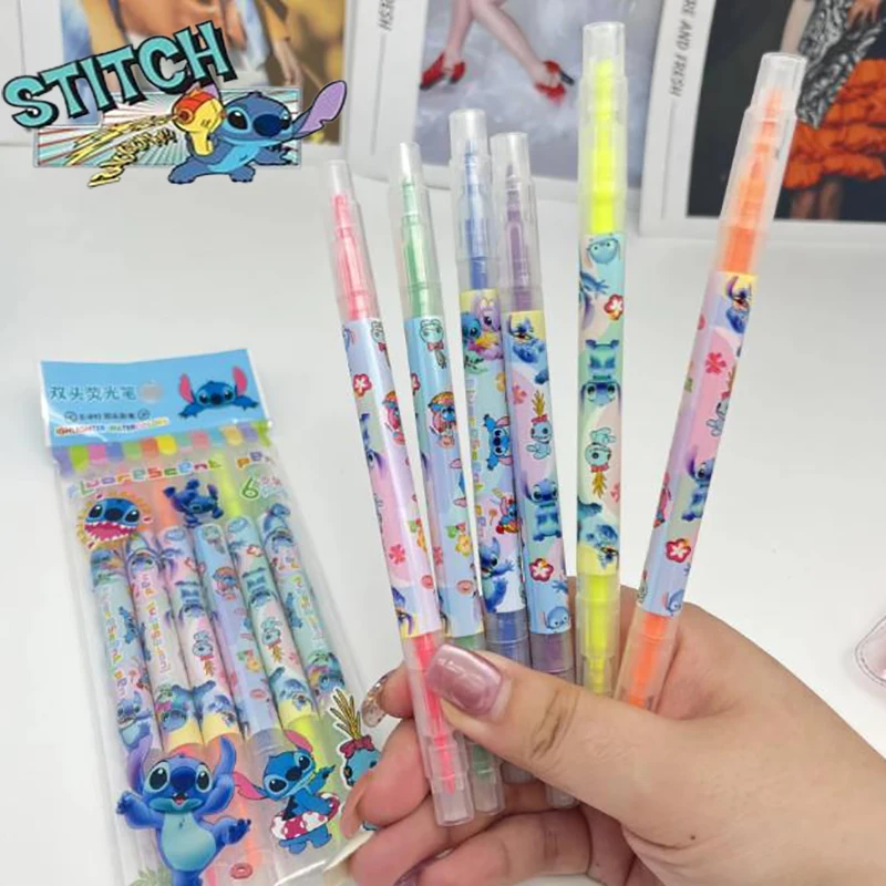 6 unids/set Kawaii Stitch resaltador de doble punta marcadores de grafiti de dibujo para niños suministros para estudiantes papelería regalos de vacaciones