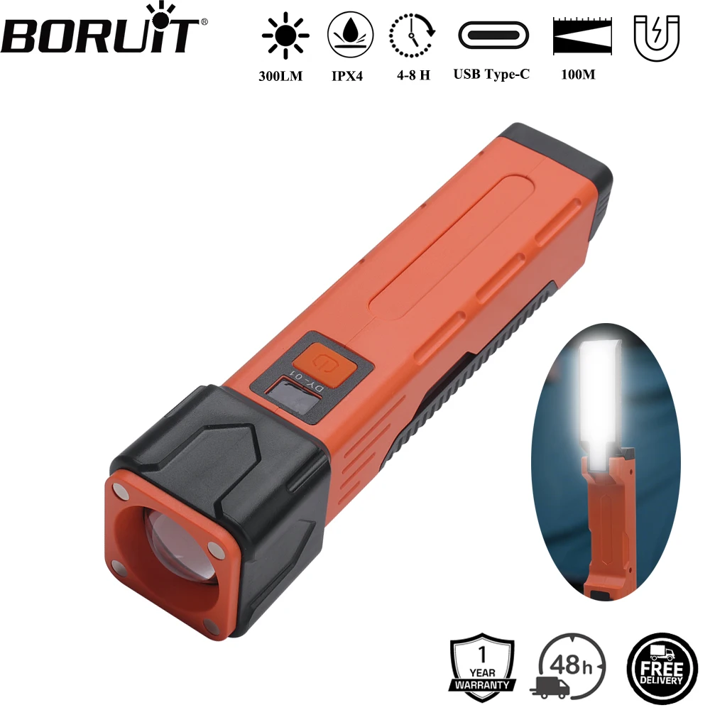 BORUiT 300LM LED Work Light Zoom Flashlight Type-C Rechargeable Power Bank Torch Magnetic Repair Lamp Safety Hammer Lantern