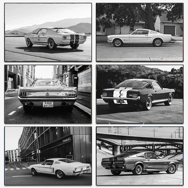 Black White Vintage Car Canvas Prints 6Pcs, Unframed Retro Vehicle Poster, Monochrome Car Wall Art for Garage Man Cave Decor