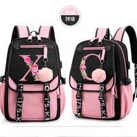 Mochilas para adolescentes, color negro y rosa, 26 iniciales, flor, A-Z, alfabeto, gran capacidad, moda Harajuku, cremallera, mochila estética para estudiantes