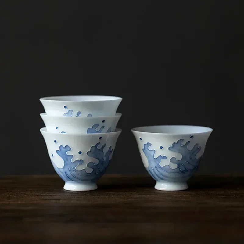 1 Pc Chinese Handmade Ceramic Teacup Travel Personal Meditation Cup Hand Painted Wave Porcelain Tea Bowl Household Tea Set