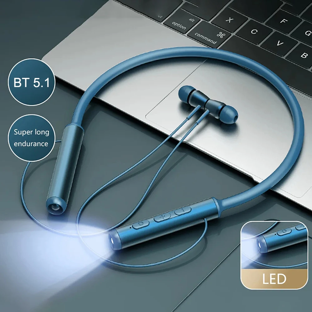 Wireles Bluetooth Neckband Headphones With Mic Stereo Bass Wireless Earphones Neckband Power Flashlight Display