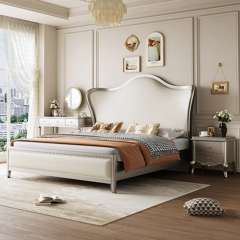 Premium leather soft bag wedding bed solid wood bed frame Meike silver American light luxury furniture master bedroom 1.8