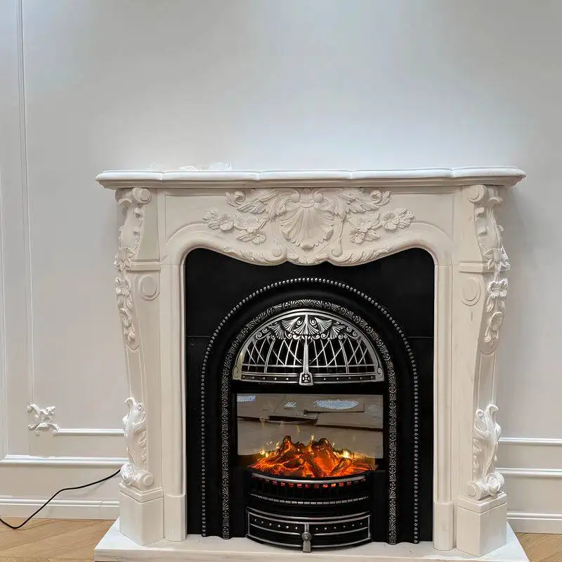Marble French mantel European and Chinese Pengjie carving handmade spot natural marble stone fireplace customization