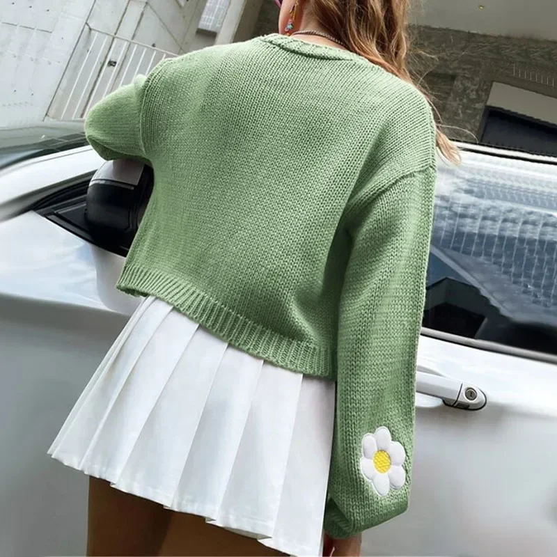 Cardigã de malha com bordados florais para mulheres, suéteres casuais para senhoras, casacos soltos com mangas de lanterna, casacos curtos femininos, outono e inverno