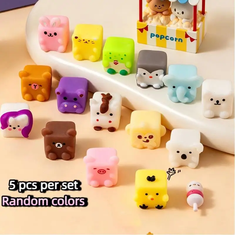 5Pcs Kawaii Mochi Animal Squeeze Toys Mini Square Soft Fidget Gadgets for Stress Relief Classroom Prizes