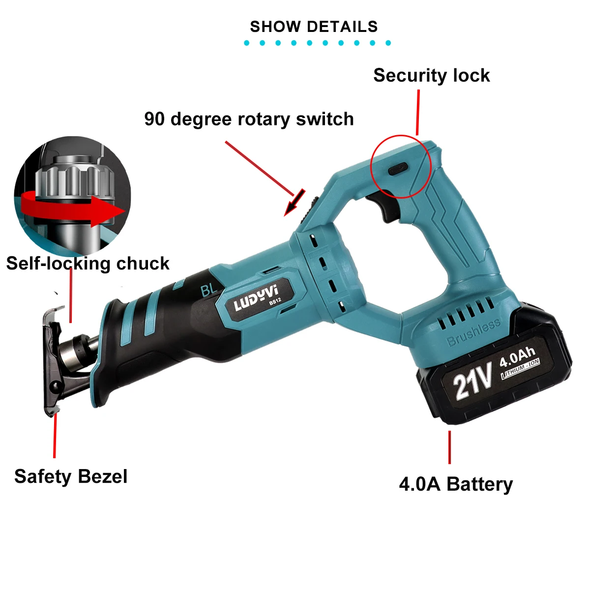 21V Brushless แบตเตอรี่เลื่อยไฟฟ้าเลื่อยลูกสูบตัดปรับ3ทิศทางแบบพกพาไร้สายเครื่องมือ