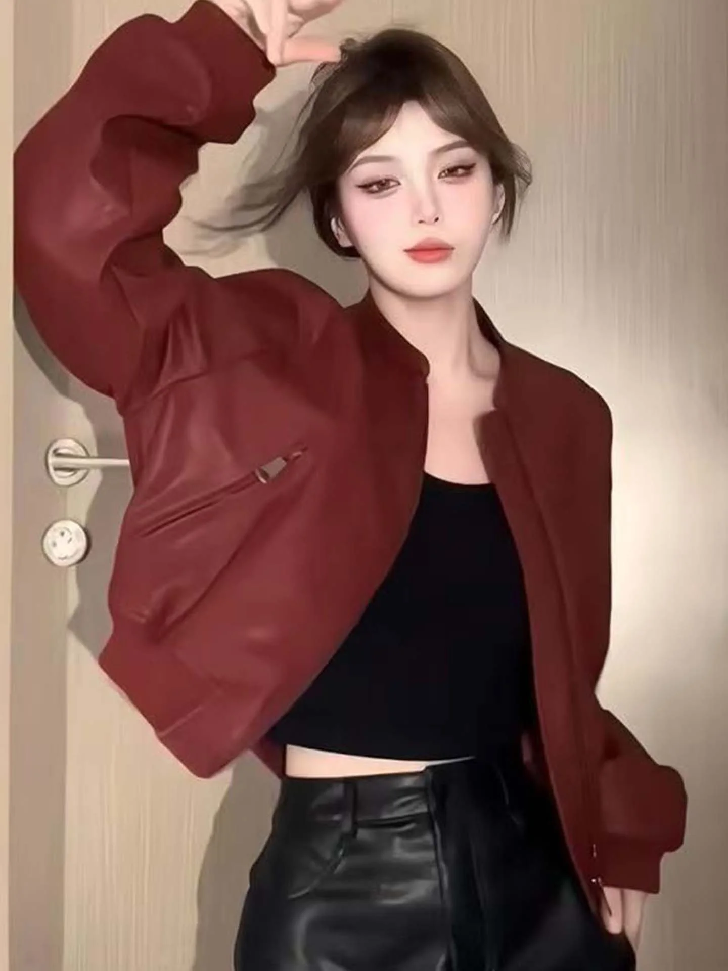 

American Sle ort Red Leather Jaet Women's Loose Long Sve Slimming Biker Coat Casual Straight Hem Zipper Closure