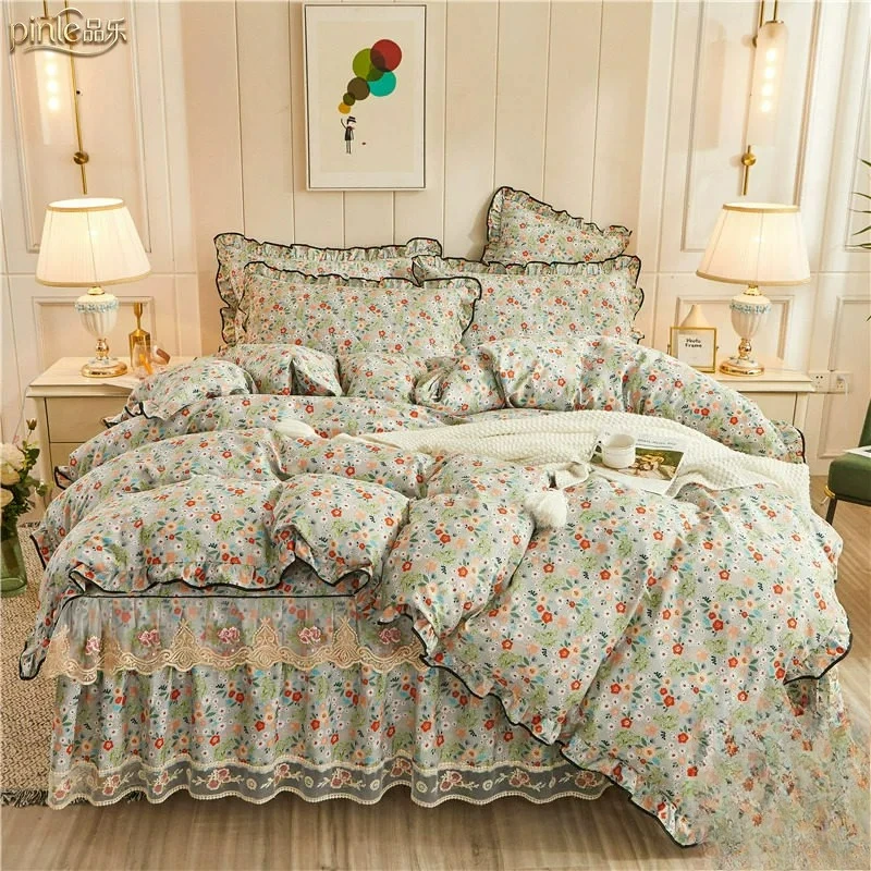 Bedroom Pure Cotton Bed Four Piece Set Full Cotton Bed Sheets Duvet Covers Bed Skirts All Season Universal Bedding Ins Style
