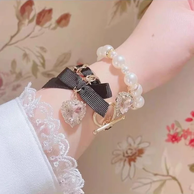 

Original Handmade Japanese Sweet and Cute Lady Beaded Bracelet Pearl Chain Bow Rhinestone Bracelet for Women