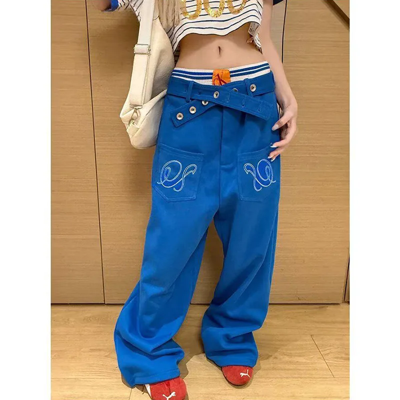 Unisex Blue Angel Wings Print Sweatpants Chic Design Buckle‑Back Female Hip‑Hop Loose Fit Wide‑leg Trendy Casual Trousers
