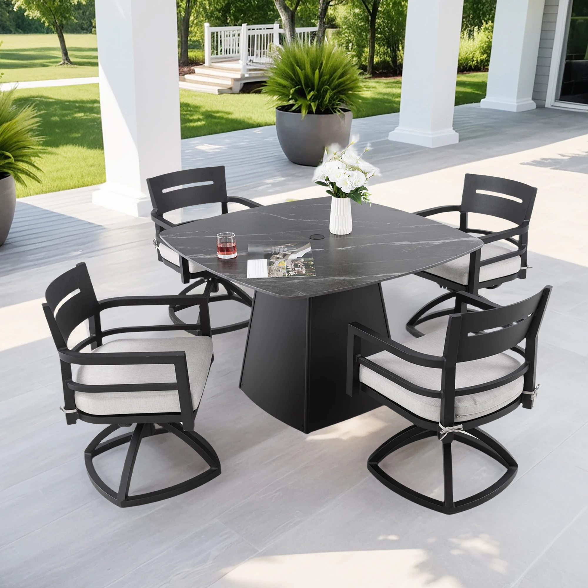 

5-PC 44" Sintered Stone Table & 4 Swivel Rockers w/ Sunbrella Cushions, Rust-Free Aluminum for Patio/Deck