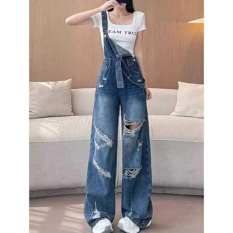 Adjustable Denim Overalls Women Summer Korean Loose Ripped Hole Straight Jeans Trousers Casual Retro Blue Denim Wide Leg Pants