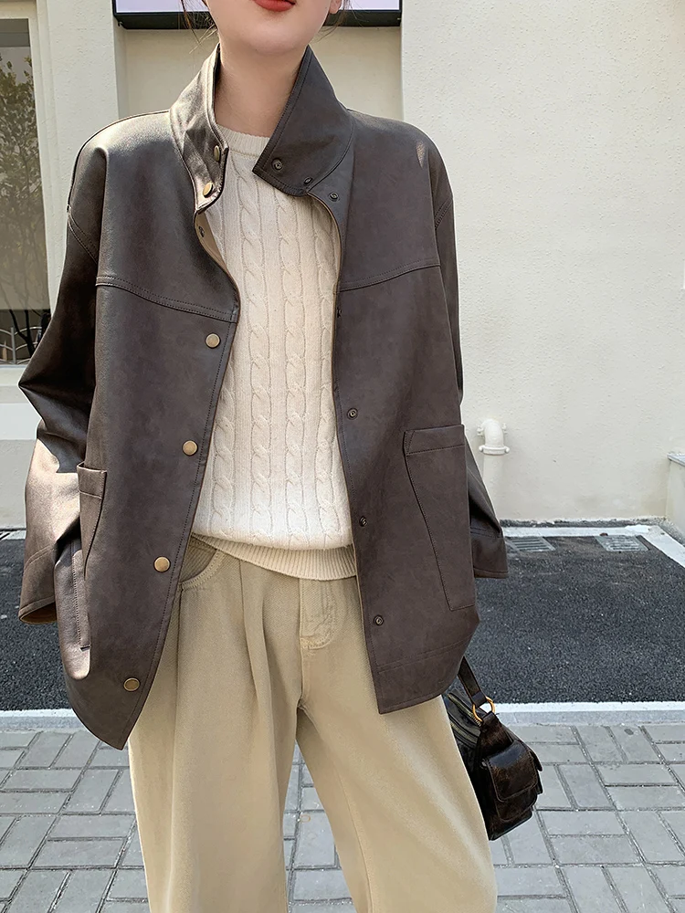 Missneko Brown Single Button Double Sided Wear Leather Jaet Women's Loose Casual Top Street Sle PU Leather Spring 2025