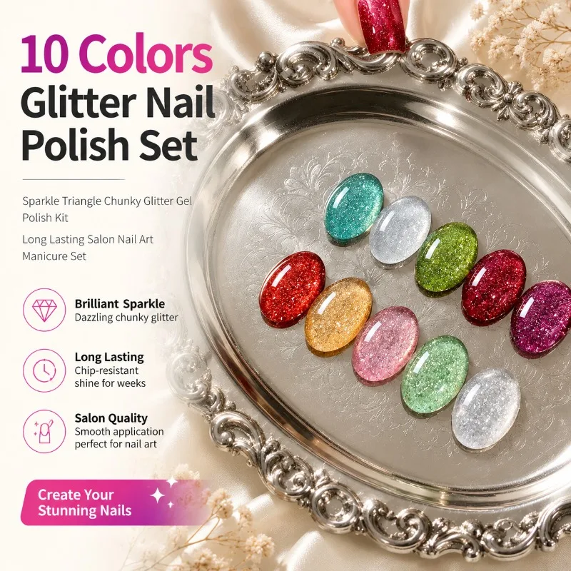 10‑color Set Nail Gel Polish 2026 New Arrival Colorful Sparkling Triangular Crushed‑diamond Manicure Gel for DIY Nail Art Salon