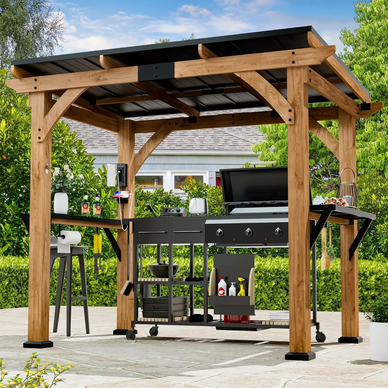 Modern Shade Grill Gazebo 6' X 8', Cedar Wood Gazebo with USB and USB-C Charging Ports, Outdoor Bar with Galvanized Steel Roof,