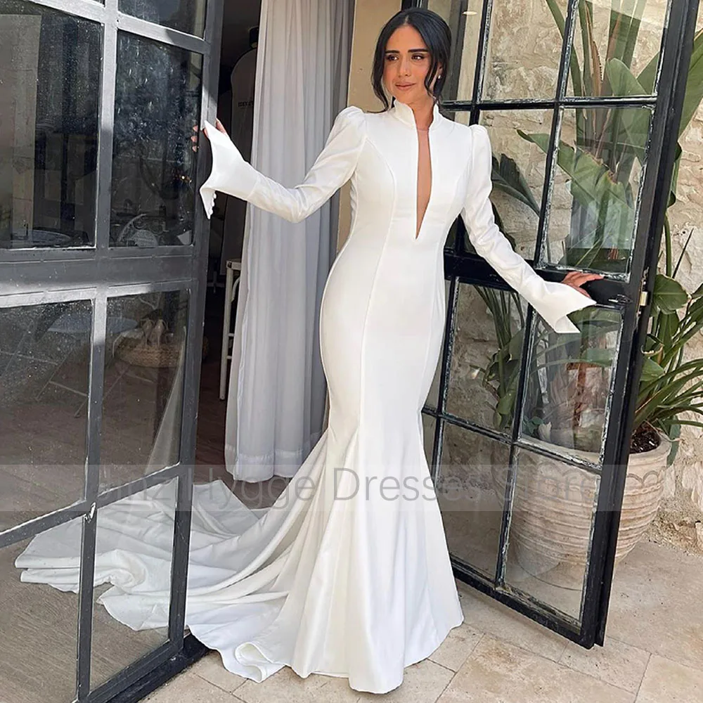 Mermaid Wedding Dress White Long Sleeves Deep V Neck Trumpet Wedding Gowns for Women 2023 Bride Court Train Simple Bridal Dress