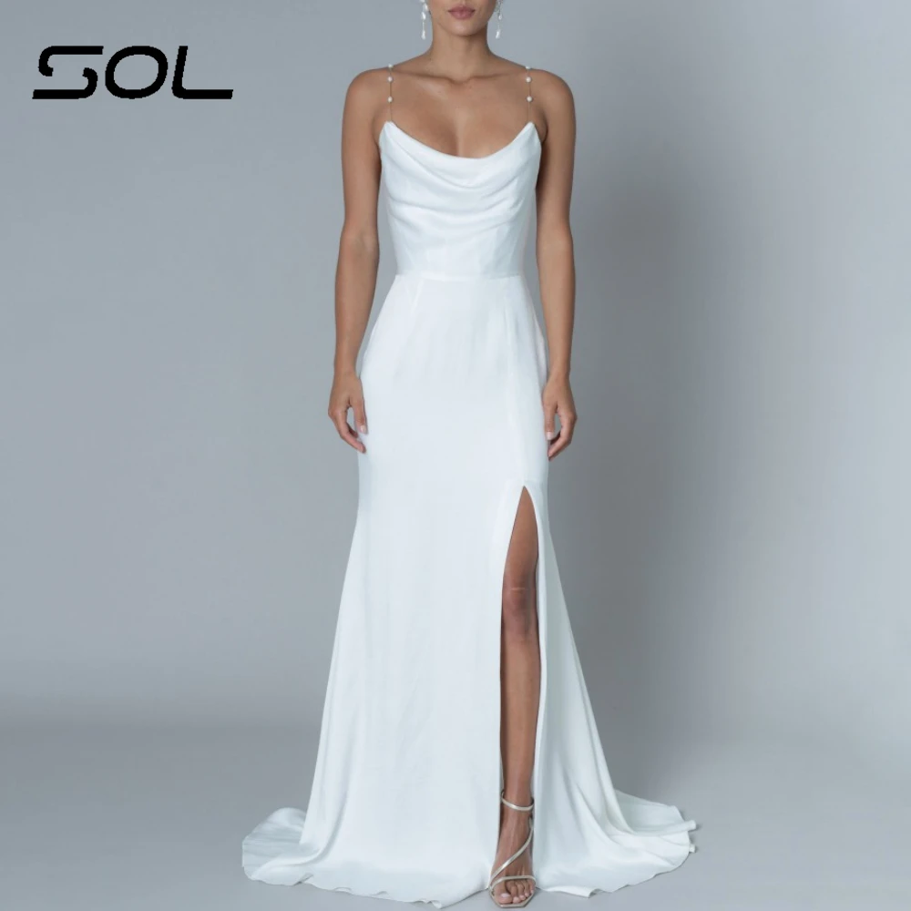 SOL-Sexy Spaghetti Straps Vestidos de casamento para mulheres, pescoço colher, fenda lateral, simples costas abertas, vestidos de noiva sereia