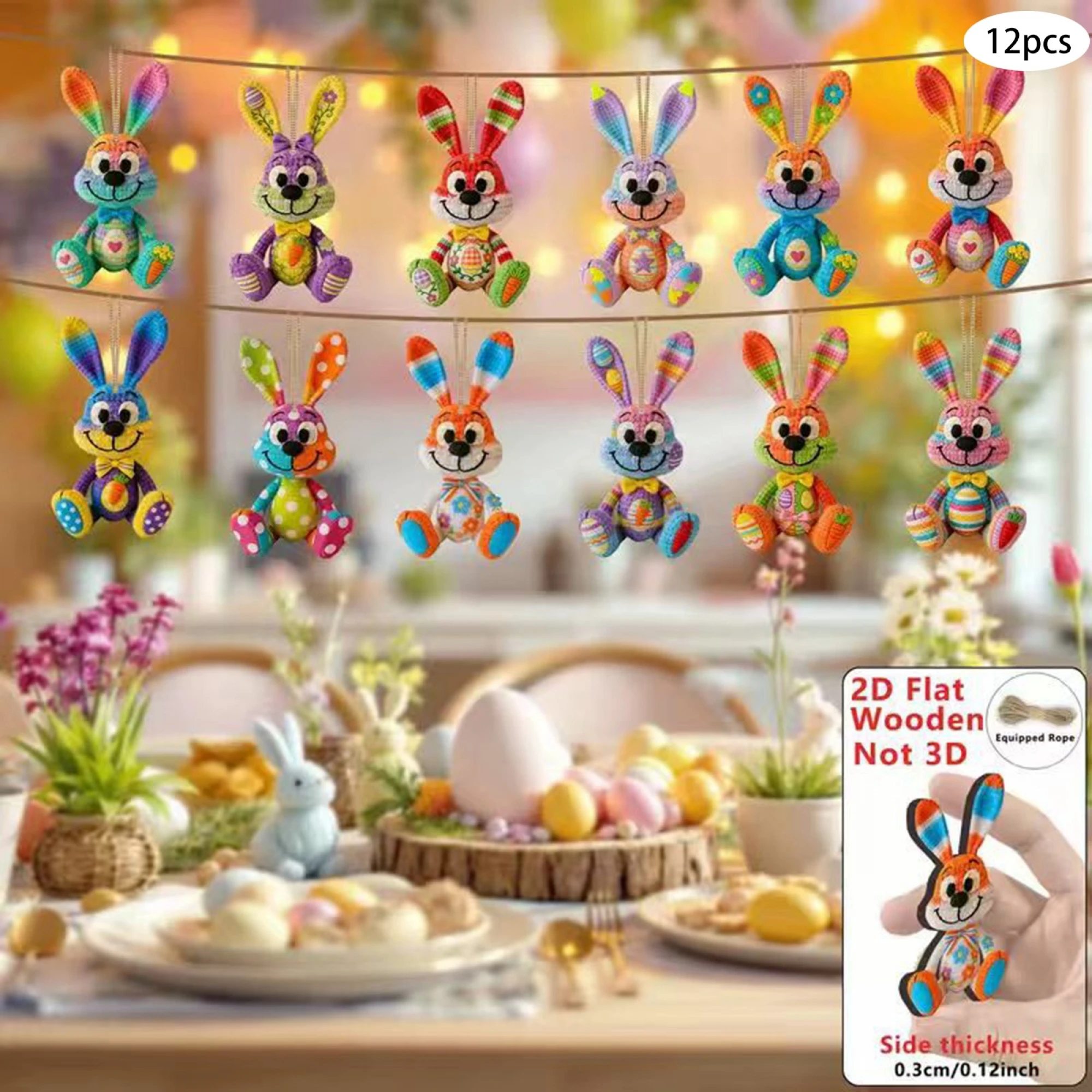 16PCS Easter Wooden Bunny Tree Ornaments Spring Tree Hanging Decoration with Rope for Home Kitchen